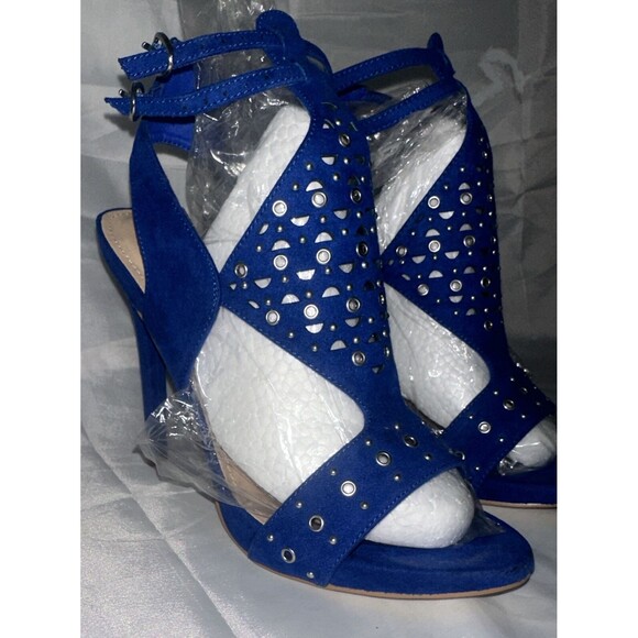 Just Fab Women's Size 8.5 Platform Stiletto 5in Heels Blue Silver Design Straps - Picture 14 of 16
